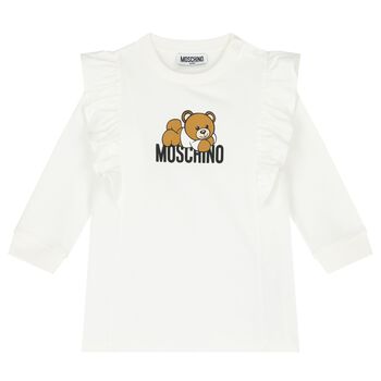 Younger Girls Ivory Teddy Bear Logo Dress