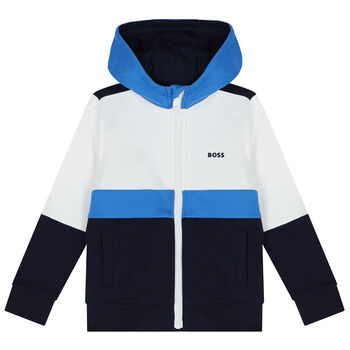 Boys White & Navy Blue Logo Hooded Zip Up Top