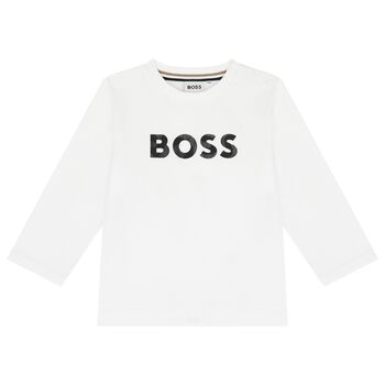 Younger Boys White Logo Long Sleeve Top