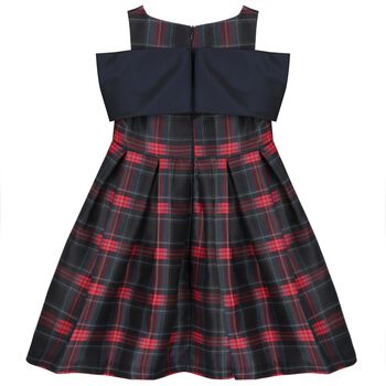 Girls Navy Blue Bow Tartan Dress