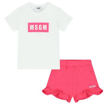 Younger Girls White & Pink Logo Shorts Set