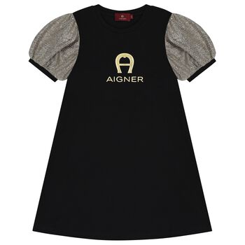 Girls Black & Gold Logo Dress