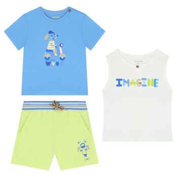 Younger Boys White, Green & Blue Shorts Set