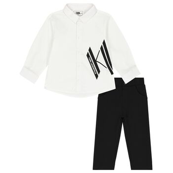 Younger Boys White & Black Logo Trousers Set