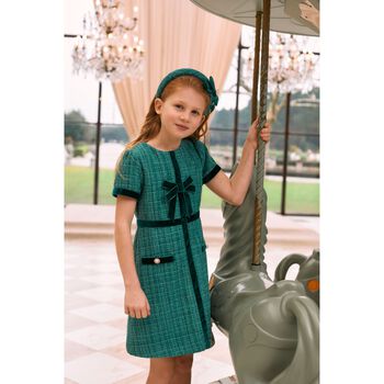 Girls Green Tweed & Velvet Bow Dress