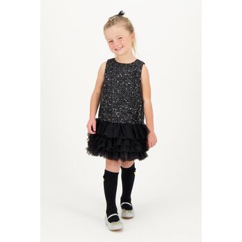 Girls Black Embellished Sequins Tulle Dress