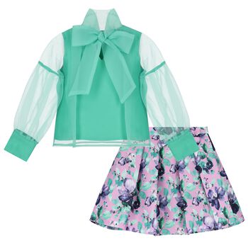 Girls Green & Purple Bow Skirt Set