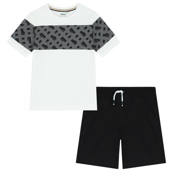 Boys White & Black Logo Shorts Set