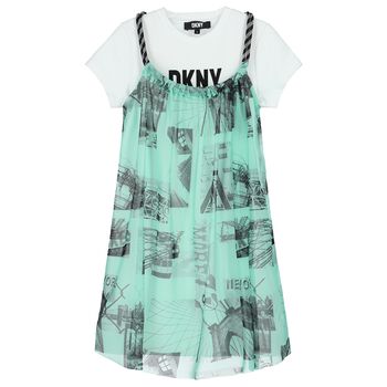 Girls Green & White Logo Dress