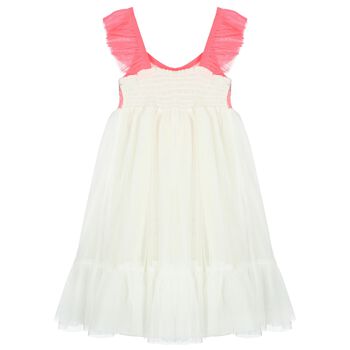 Girls White & Neon Pink Tulle Sequin Dress