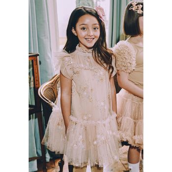 Girls Beige & Gold Tulle Dress