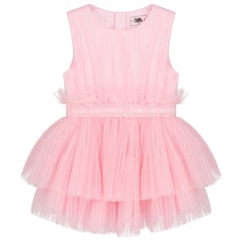 Younger Girls Pink Logo Pleated Tulle Dress