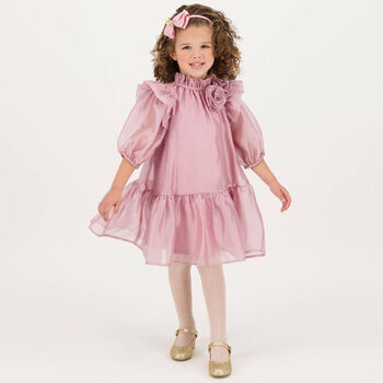 Girls Pink Organza Roses Dress