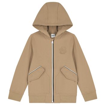 Boys Beige Logo Hooded Zip Up Top