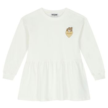 Girls Ivory Teddy Bear Logo Dress