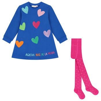 Girls Blue Heart Dress Set