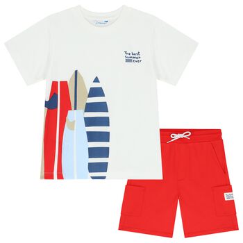 Boys White & Red Shorts Set