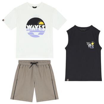 Boys Navy Blue, White & Grey Shorts Set