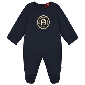 Baby Boys Navy Blue Logo Babygrow