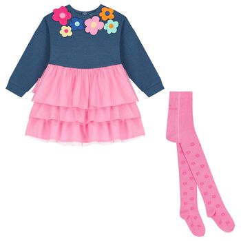 Girls Blue & Pink Flower Dress Set