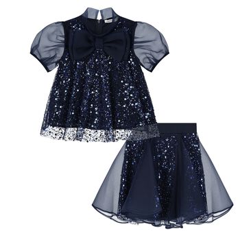 Girls Navy Blue Chiffon & Tulle Sequin Skirt Set