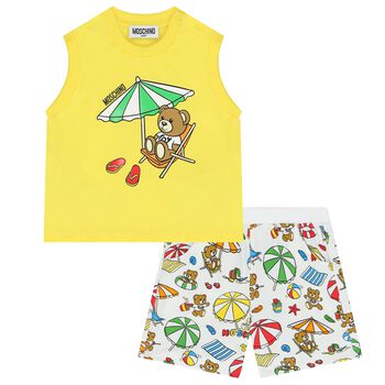 Yellow & White Teddy Bear Logo Shorts Set