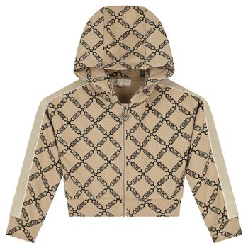 Girls Beige Logo Hooded Zip Up Top